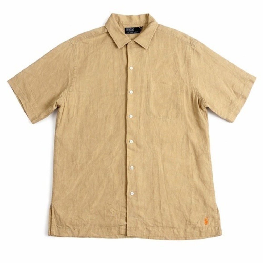 VTG Polo Ralph Lauren‎ Shirt Mens Large Silk Linen Caldwell Loop Camp Collar Tan